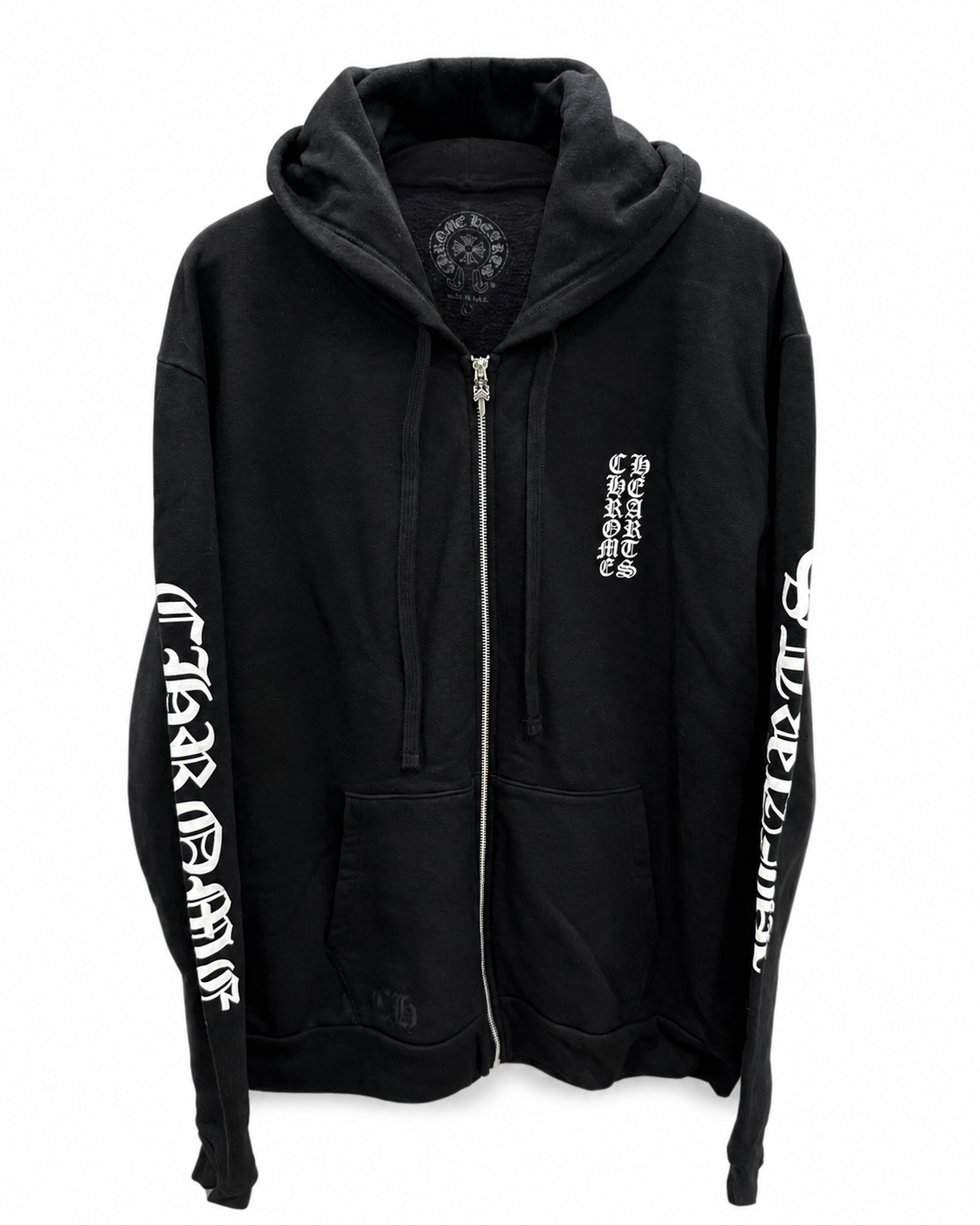 Designer archive black white sanskrit hoodie front view