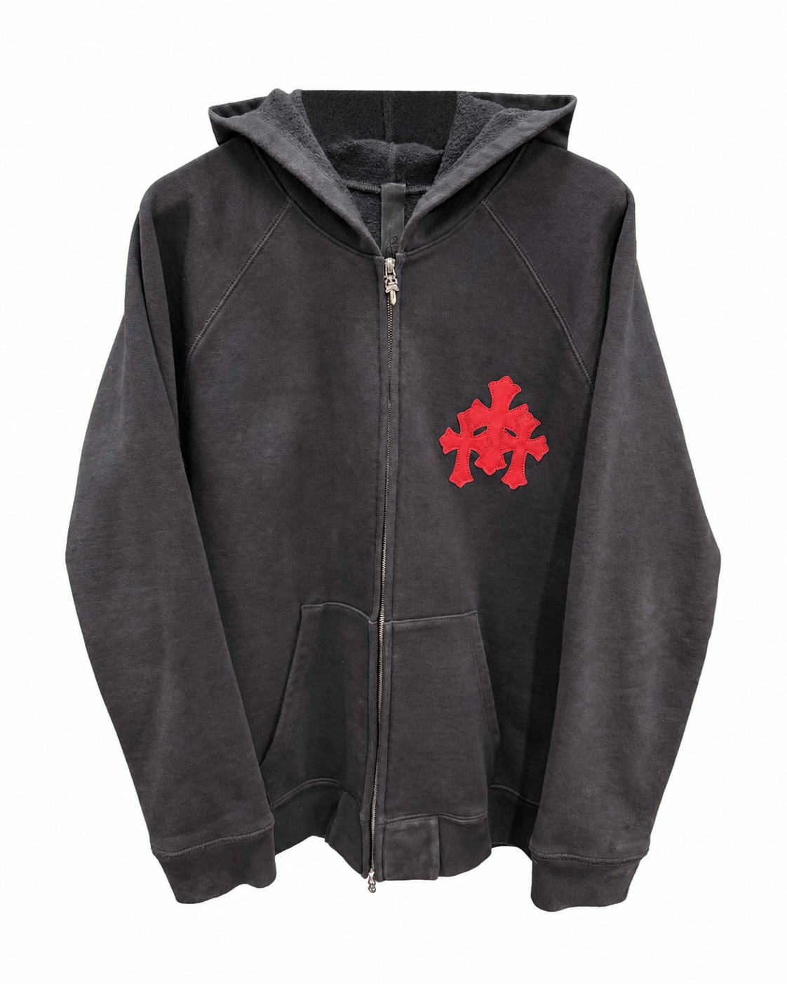 Designer archive red trident cross leather patch hoodie front view