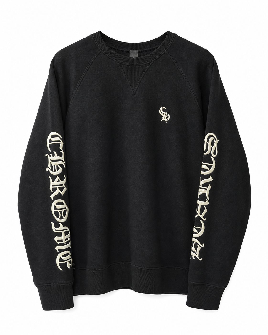 Designer archive 1 of 1 sanskrit embroidered cross leather patch hoodie front view