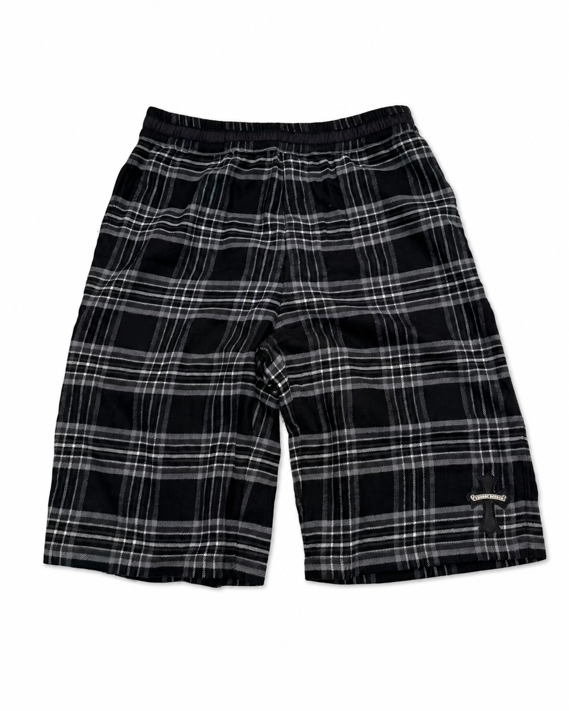 Designer archive black grey flannel plaid cross leather patch wide-leg cropped pants front view