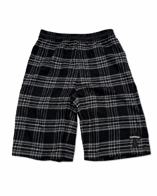 Designer archive black grey flannel plaid cross leather patch wide-leg cropped pants front view