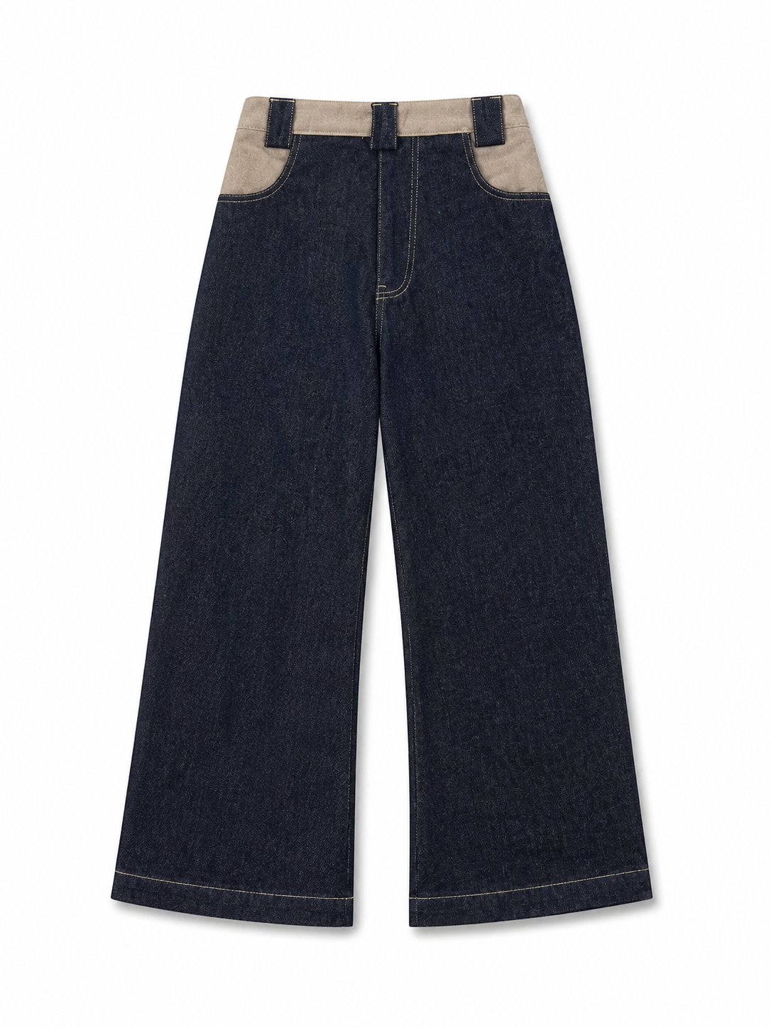 Felix Regem wool patchwork curved silhouette raw denim jeans front view